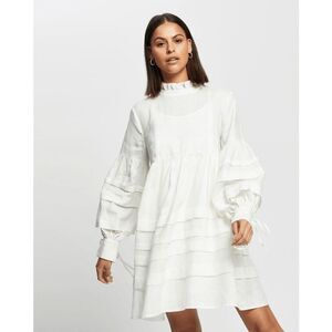 Aere White Pleated Detail Smocked Linen Long Sleeve Mini Dress Women's Size 8